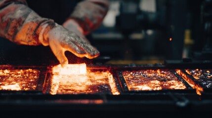 Medium shot of a technician performing nitriding process by submerging steel components into heated salt emphasizing surface hardening transformation.