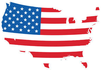 A bold silhouette of the United States filled with red and white stripes and white stars on blue, set against a solid blue backdrop. Conveys patriotism, national pride