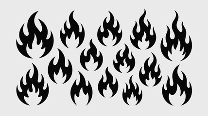 Naklejka premium A collection of various black flame icons and fire symbols on a simple light grey background