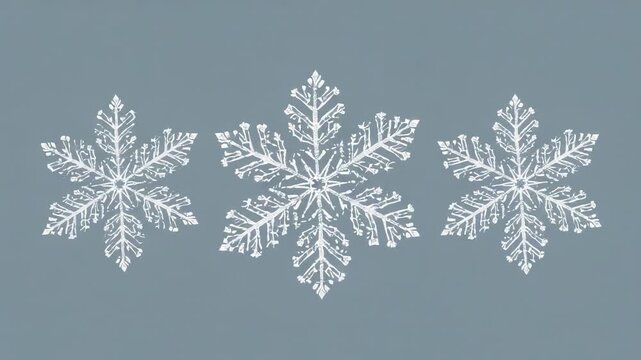 Loop starting, three white snowflakes rotating and reversing on blue-gray field as looping decor