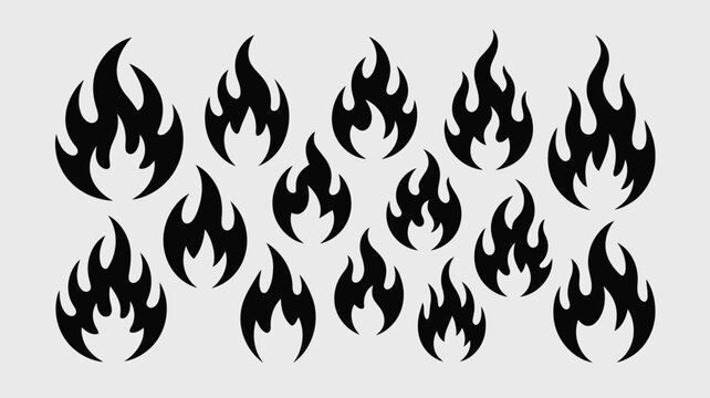 A collection of various black flame icons and fire symbols on a simple light grey background