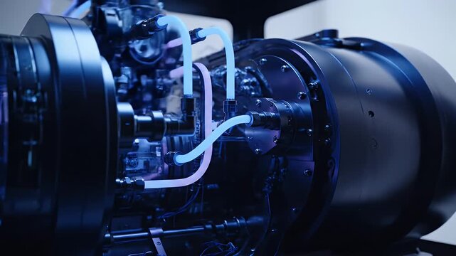 Intricate Mechanical Device with Blue and Pink Lights and Tubes in Dark Industrial Setting
