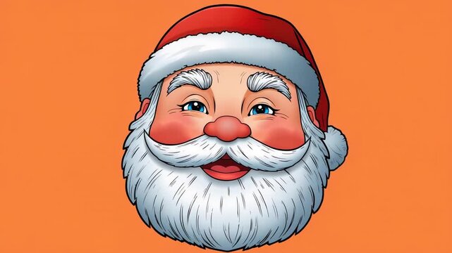 Animation starting Santa chuckling and blinking on orange backdrop sporting red hat and white beard