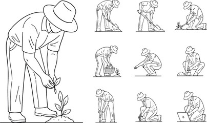 Gardening steps, planting process, garden work, farmer character, soil care, watering plant, harvesting, agriculture, flat vector illustration
