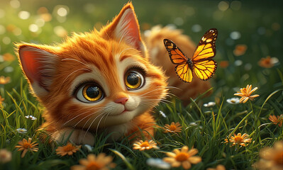 Adorable Orange Kitten with Butterfly Lying in Sunny Meadow, Lush Green Grass and Gentle Breeze for Fairy Tale Illustrations, Children's Book Covers, Whimsical Pet Graphics