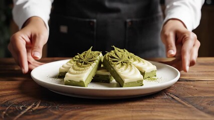 A skilled chef or server elegantly presents a pristine white plate adorned with several delectable rectangular green pistachio or matcha flavored desserts meticulously arranged on a rustic wooden tab.