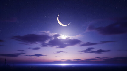 A beautiful fantasy night sky features a glowing crescent moon and stars reflecting over a dark blue ocean horizon with soft clouds