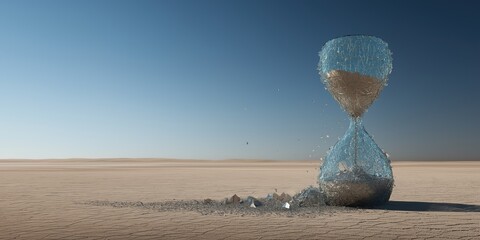 Exploding hourglass breaking apart in a desert, representing time running out and the concept of a deadline or end. Digital 3D render.