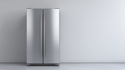 Side by side stainless steel refrigerator with double door, modern kitchen appliance. Contemporary home kitchen interior design and technology concept for food storage.