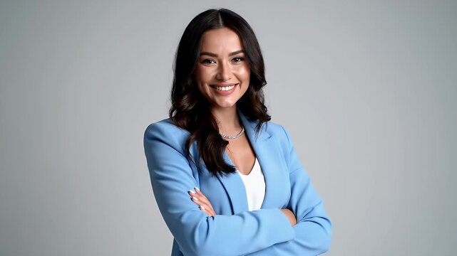 Confident Businesswoman With Crossed Arms Smiles Warmly Wearing A Blue Blazer And White Top Studio Portrait With Gray