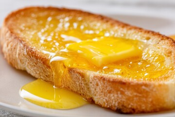 Toast with melting butter and honey dripping on a plate.