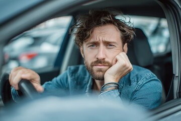A man sitting in a car looking tired.