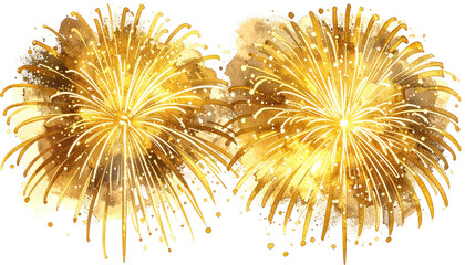 Fototapeta premium Two luminous golden firework bursts in a watercolor style against a transparent background