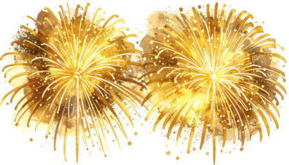 Two luminous golden firework bursts in a watercolor style against a transparent background