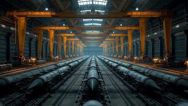 Vast industrial factory hall with parallel steel pipelines and overhead cranes creating symmetry depth and heavy manufacturing scale