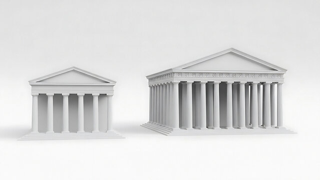 Two white classical buildings with columns and triangular pediments on a plain background architecture