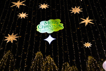 Merry Christmas, Image of tree leaves, stars, snowflakes, baubles and stars over black background. 