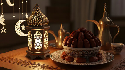 An antique brass Turkish coffee pot and traditional metal cup stand as ancient cultural decorations alongside a vintage gold Arabic teapot and glass jug