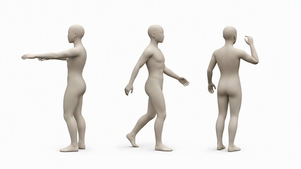 Three beige human figures demonstrating different arm positions and postures 3D models