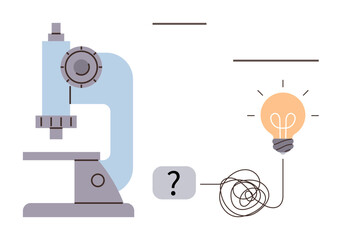 Microscope connecting to tangled line and lightbulb symbolizing scientific research, problem-solving, ideas, and innovation. Ideal for education, analysis, science, discovery, brainstorming