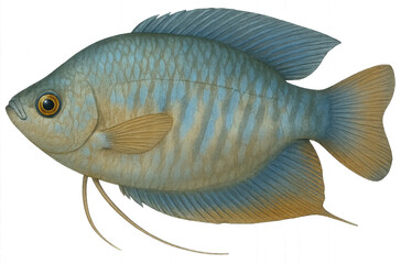 An illustration of an iridescent gourami fish, showcasing its beauty. The fish is displayed in profile, highlighting its unique features