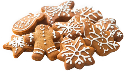Pile of freshly baked gingerbread cookies decorated with white royal icing featuring festive shapes like men and snowflakes