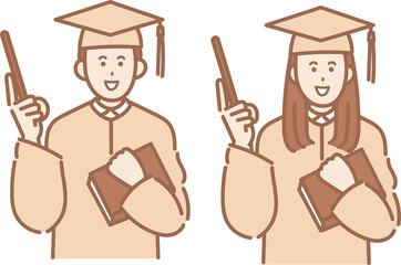 アカデミックレガリアを着て指示棒を持つ男女のイラスト素材セット