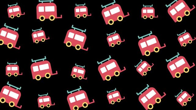 Pattern of Red Toy Fire Trucks on Black Background, Illustration, Repetitive Design, Digital Graphic, Flat Lay, Minimalist Concept