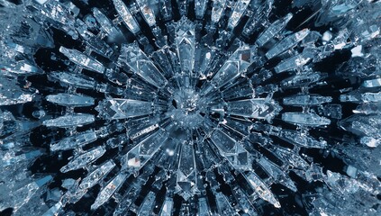 Radiating radial crystal burst catching blue light in close-up, with central core and prism shards