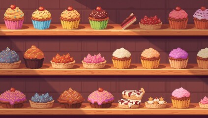Showing pixel pastries on brick wall wooden shelves: cupcakes, tarts, cakes, tartlets, warm light