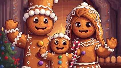 Obraz premium Posing gingerbread family wearing tall icing hat, gumdrop buttons and dress trim by fireplace