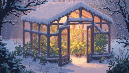 Glowing glass-pane greenhouse with open doors revealing warm plants, spilling light onto snowy path