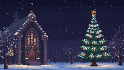 Standing decorated evergreen tree at church, stained windows glowing, falling snow, copy space