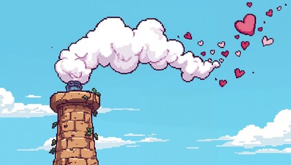 Billowing stone chimney on left roof releasing smoke turning into pixel heart trail, copy space