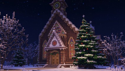 Glowing blocky church showing clock-tower, stained windows in snowy clearing with decorated tree