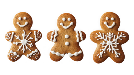 Three festive gingerbread men cookies decorated with white icing stand out against a solid for holidays