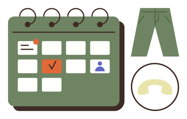 Spiral calendar with highlighted dates, pants symbolizing casual attire, and phone receiver indicating calls. Ideal for planning, scheduling, casual Fridays, work-life balance, appointments, task