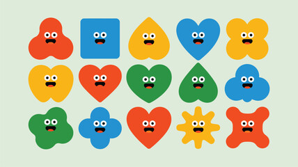 Fifteen colorful cartoon shapes with happy faces express various cheerful emotions in a grid