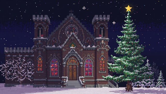 Standing Gothic church displaying glowing stained glass windows on snowy grounds, decorated tree