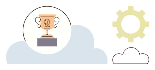 Trophy representing success surrounded by gear and cloud suggesting innovation, teamwork, and technology. Ideal for achievement, growth, digital progress, creativity, strategy, goals simple flat
