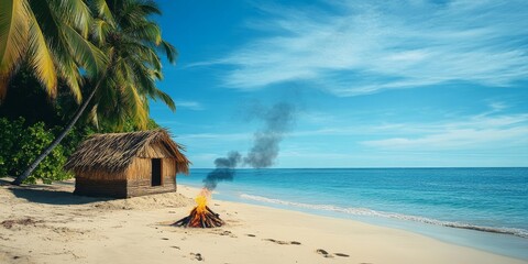 Bonfire burning on idyllic tropical beach with hut and palm trees
