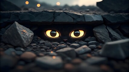A black cat with glowing yellow eyes peeking out from under rubble, symbolizing mystery and curiosity.