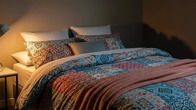 Cozy bedroom with soft lighting and patterned bedding shows warmth and comfort