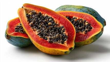 Ripe papaya sliced open close up, Tropical papaya fruit with seed cavity