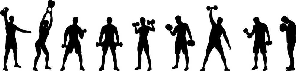 Silhouette of a man with dumbbells, swinging, training set vector
