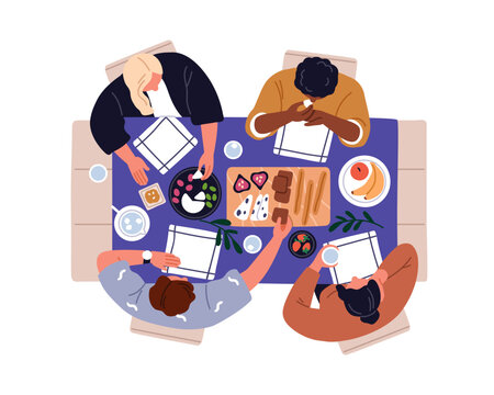 Friends dining together. Young people group sitting at table from above top view. Men and women eating food, having shared meal, dishes, snacks. Flat vector illustration isolated on white background