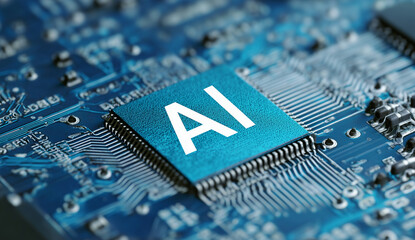 Close-up of a blue circuit board with an AI logo on a chip, a technology concept.