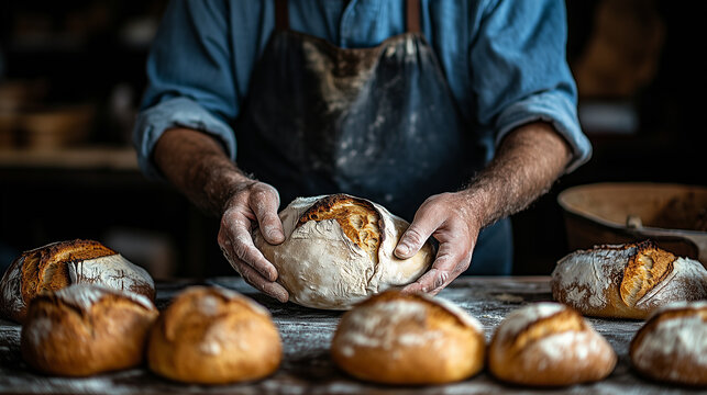 Baker in an apron is holding a loaf of bread, surrounded by freshly baked loaves on the table.