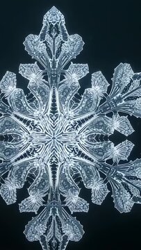 Vertical video: Rotating hexagonal snowflake following light shift, revealing facets on black field