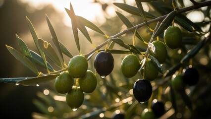 Olive branch with ripen green and black olives covered in dew drops under warm sunlight, symbolizing healthy Mediterranean food and oil.